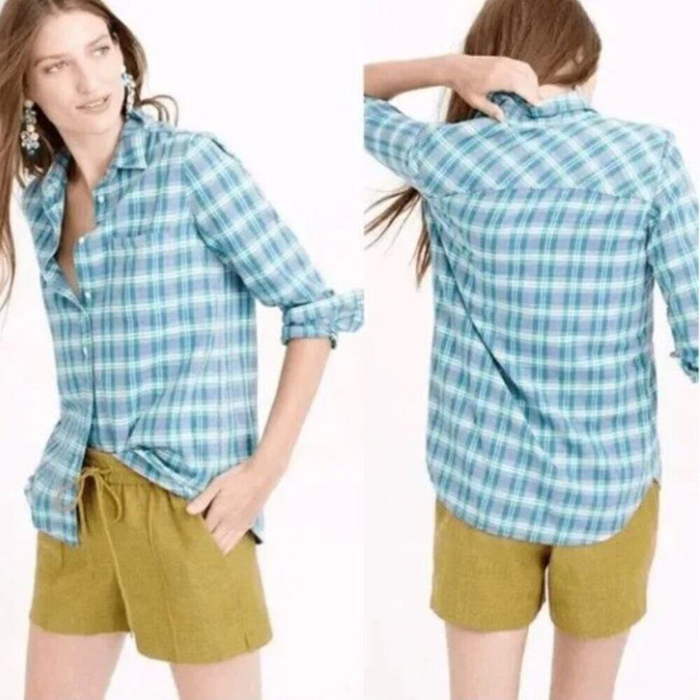 J. Crew Boy Shirt Green Blue Plaid Button Up Front Preppy Casual Western Farm